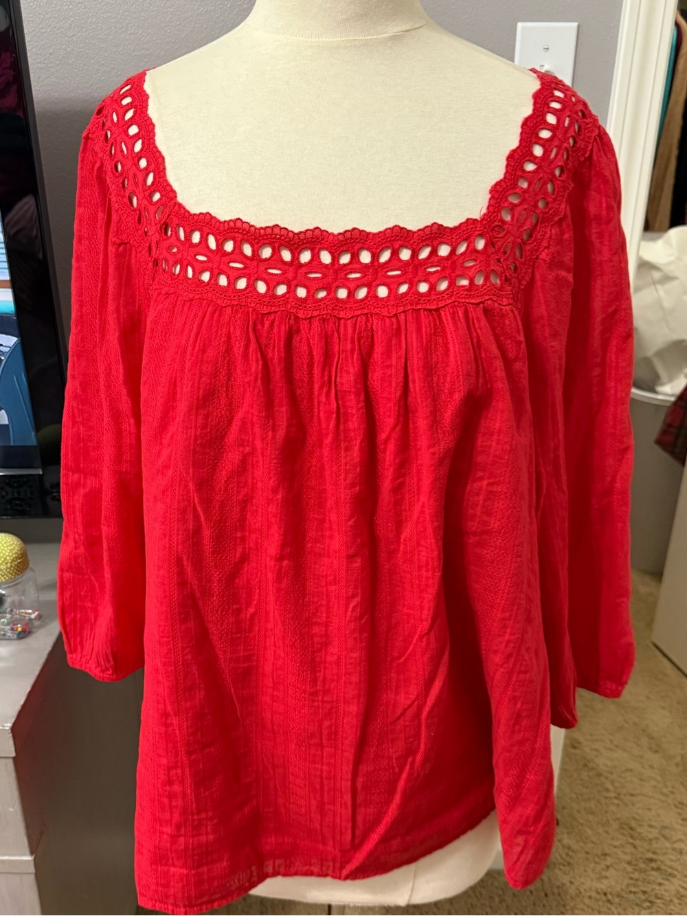 Lane Bryant Red Crochet Eyelet Peasant Blouse Size 18